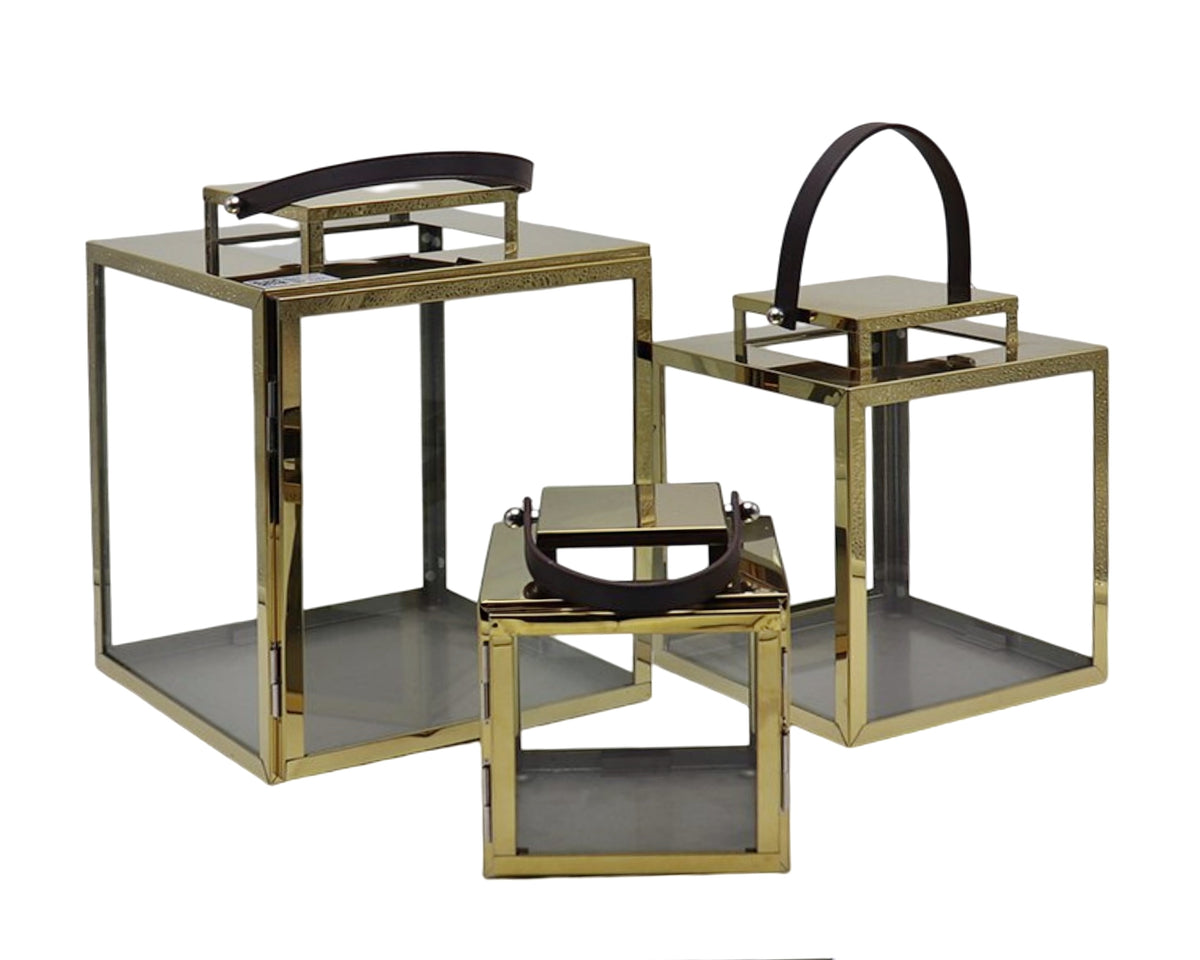 Bulk 2 Polish Gold Metal & Glass Lantern Med 21x26cmh