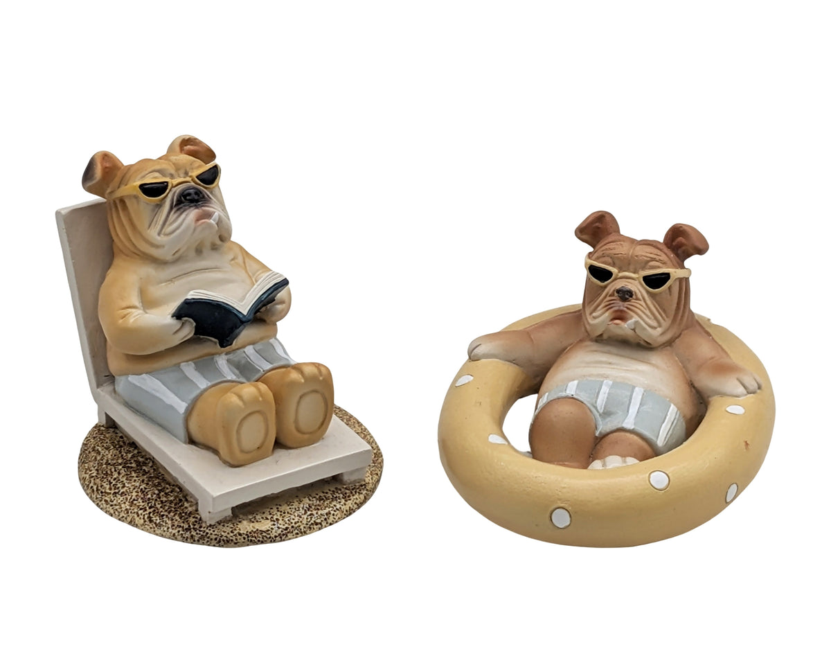 Bulk 12 Polyresin Bulldog On Vacation 8x9.5x7.7cm 2 Asst