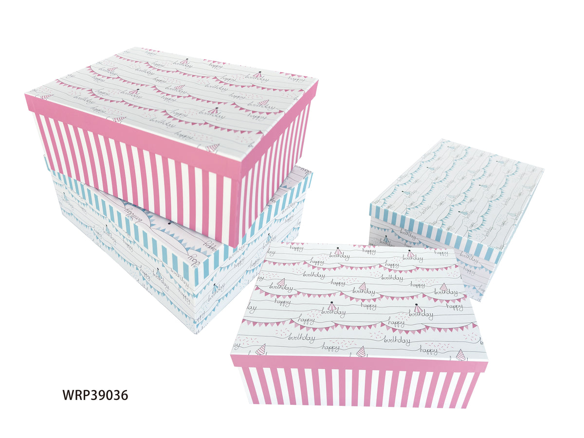 Bulk 2 Happy Birthday Stripe Gift Box Set 18 43x34x16cm 2 Asst Cols