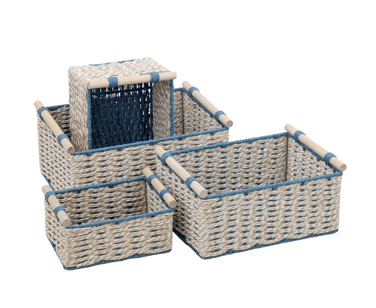 Bulk 2 Blue & Natural Paper Rope Storage Basket s/4 40x29x18h