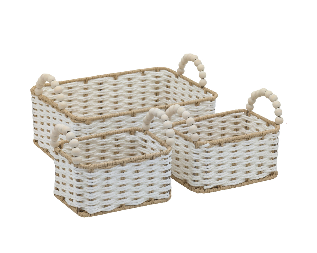 Bulk 4 Natural & White Paper Rope Basket W Bead Handle 32x23x12/18h
