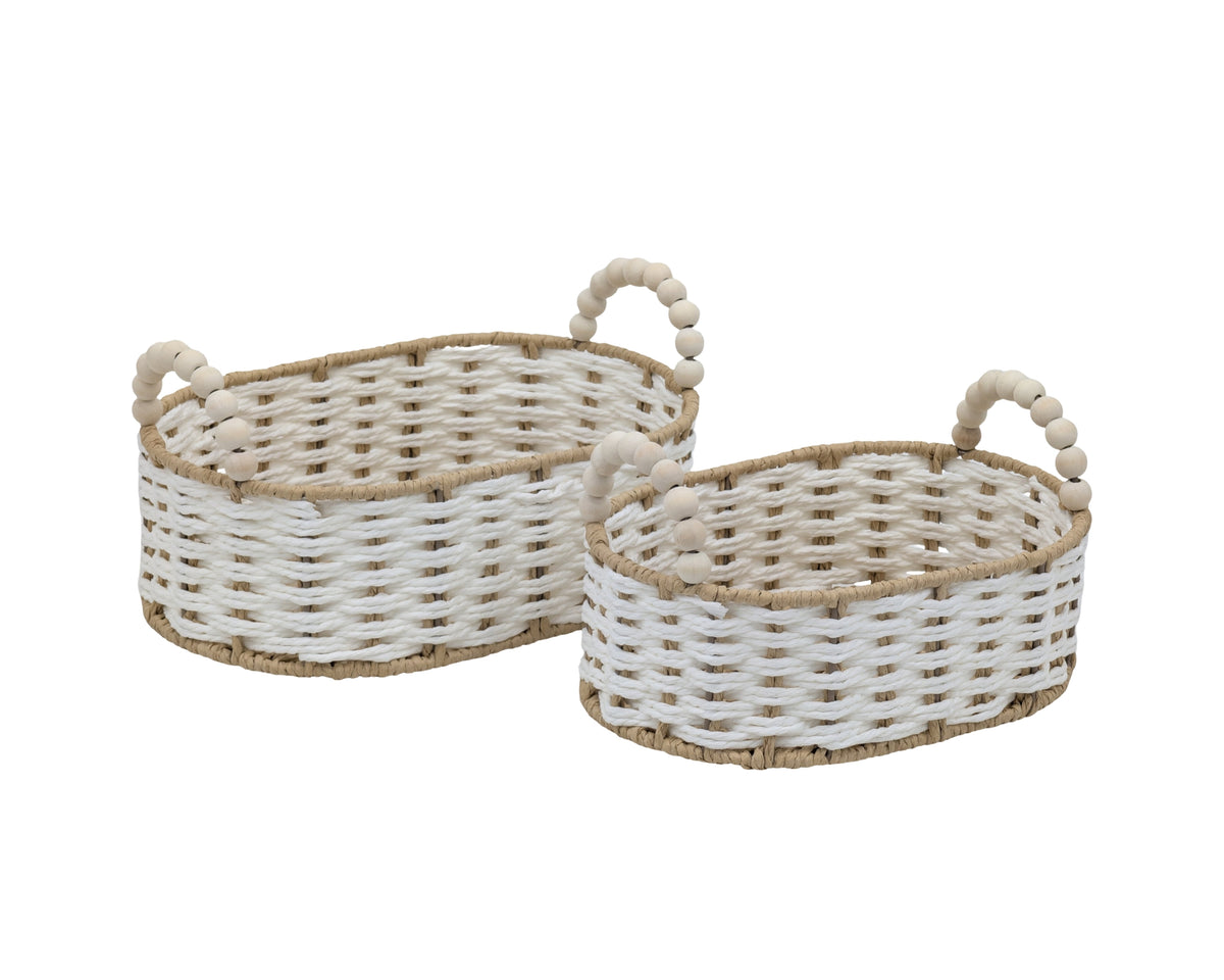 Bulk 6 Natural & White Paper Rope Basket W Bead Handle 30x20x10/16h
