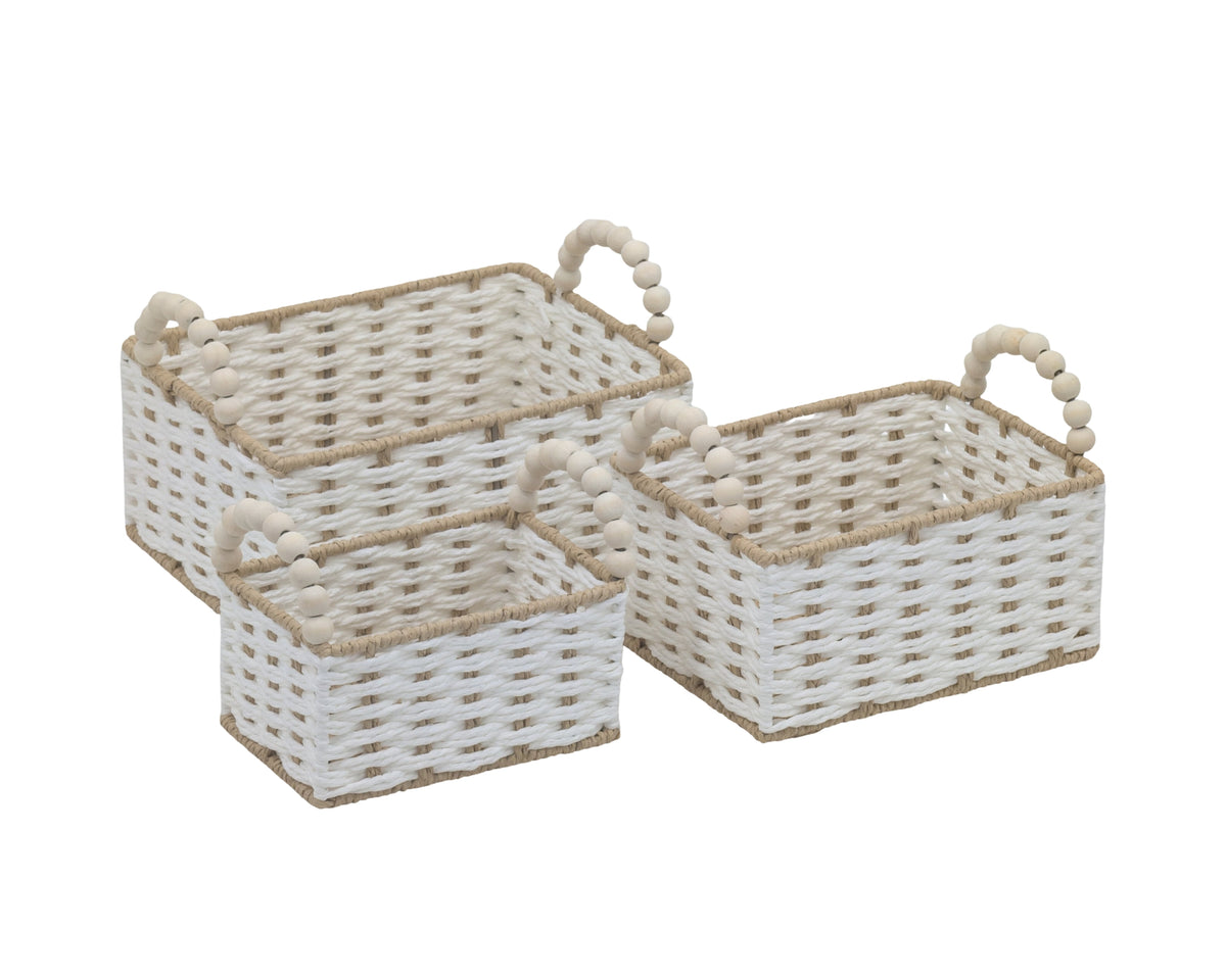 Bulk 6 Natural & White Paper Rope Basket W Bead Handle 26x20x12/18h