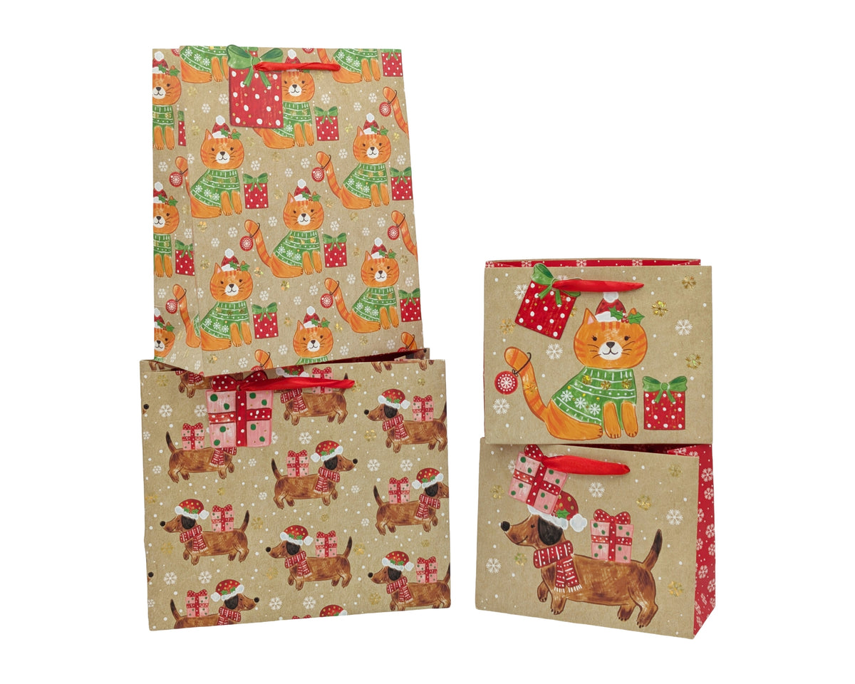 Bulk 48 Kraft Festive Pets Xmas Bag Btl Foiled 36x12x10cm 4 Asst