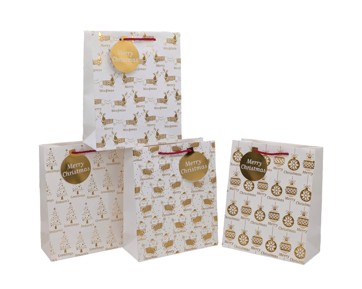 Bulk 48 Deluxe Foiled & Embossed Xmas Bag Btl 36x12x10cm 4 Asst