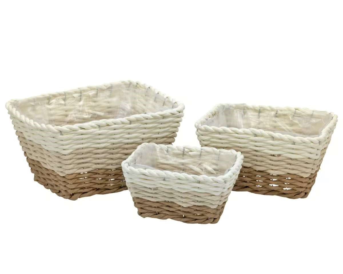 Bulk 6 Natural & White Paper Rope Basket 30x24x17cm