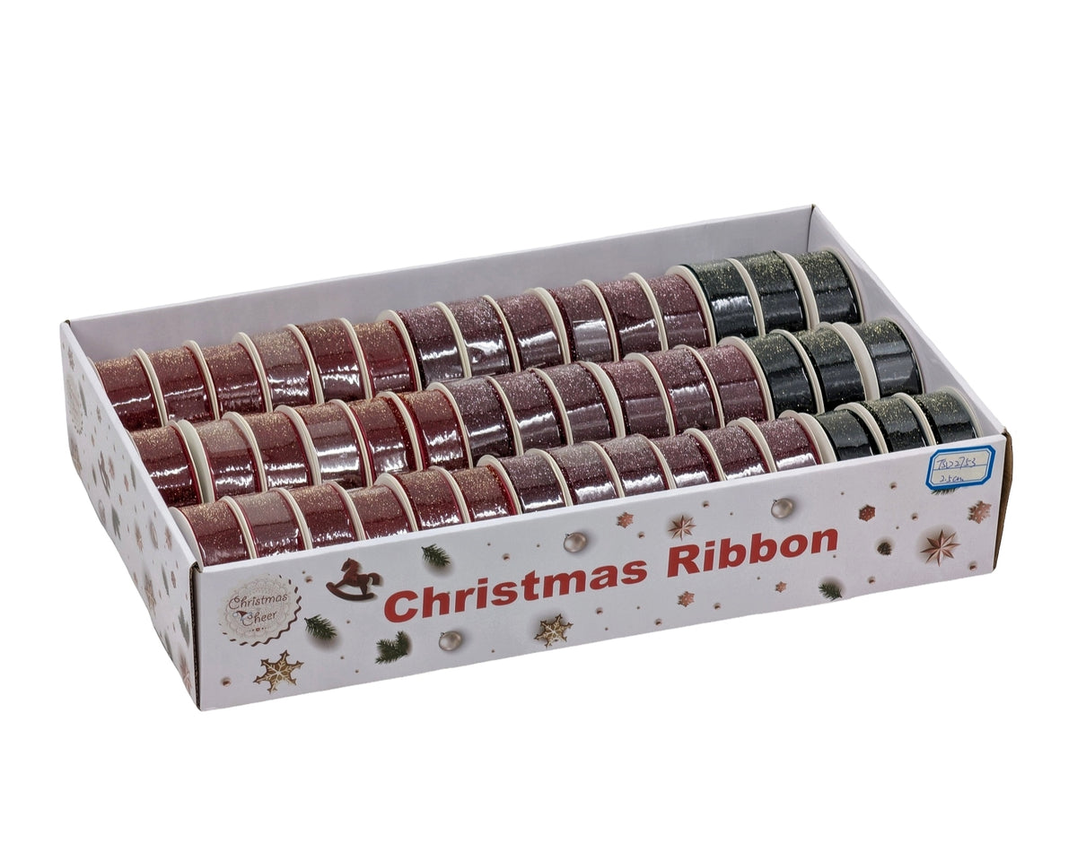 Bulk 45 Xmas Glitter Velvet Ribbon 2.5cmx3m pk45 3 Asst