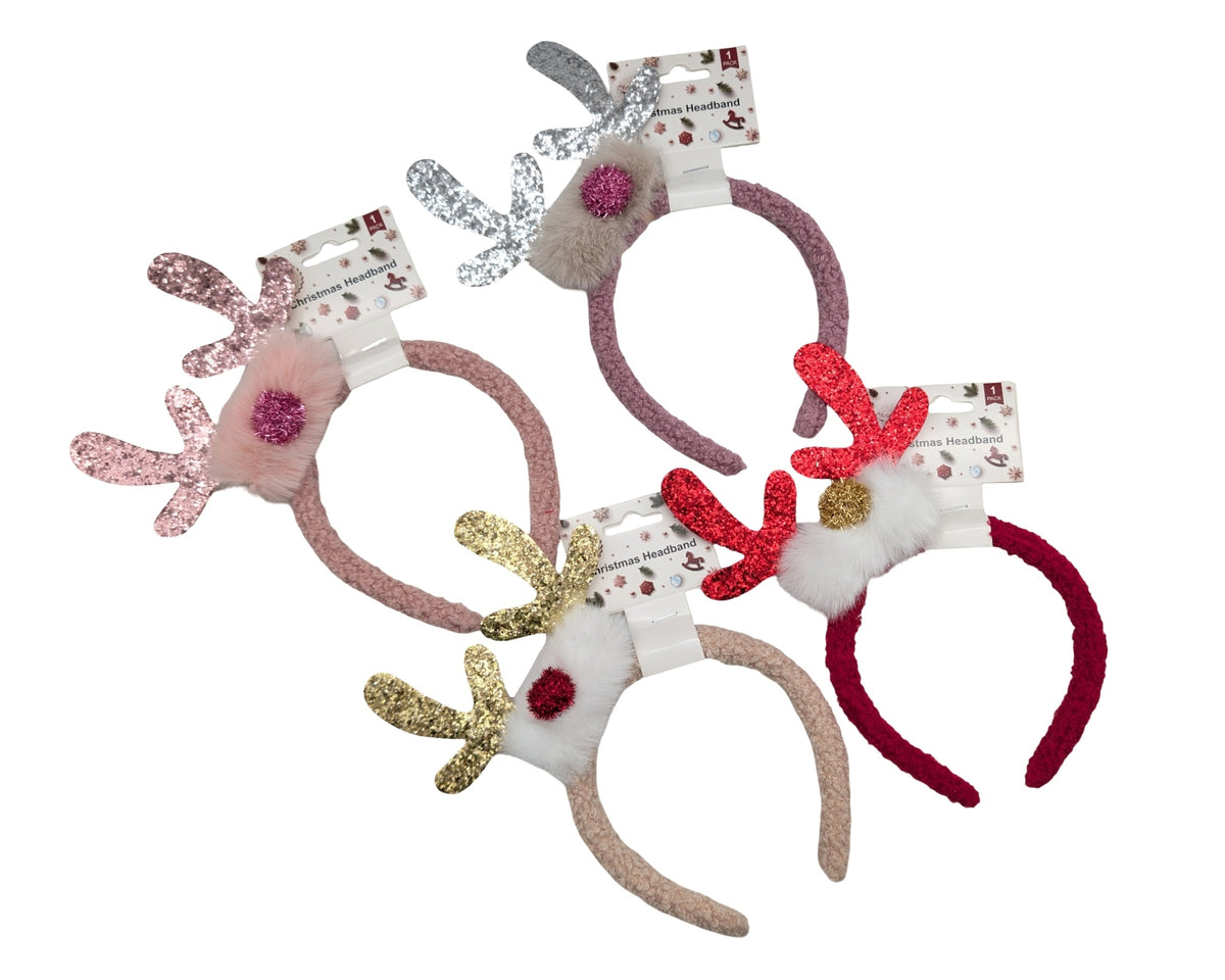 Bulk 24 Xmas Glitter Antler Hairband 4 Asst