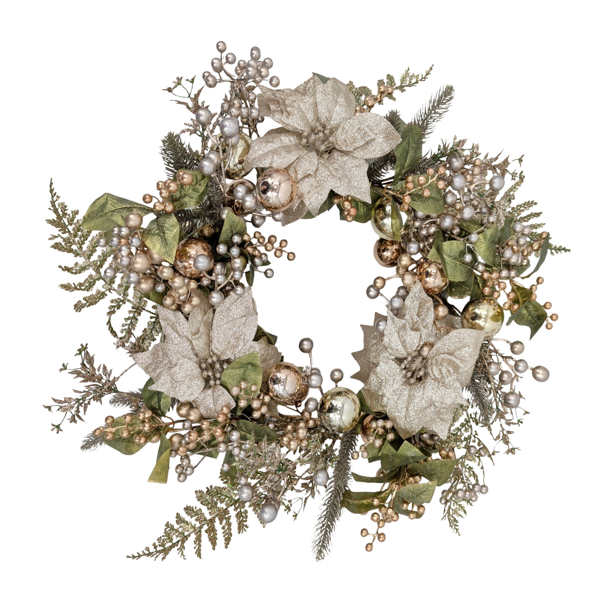 Bulk 3 Xmas Champagne Poinsettia Luxe Wreath 66x12cm