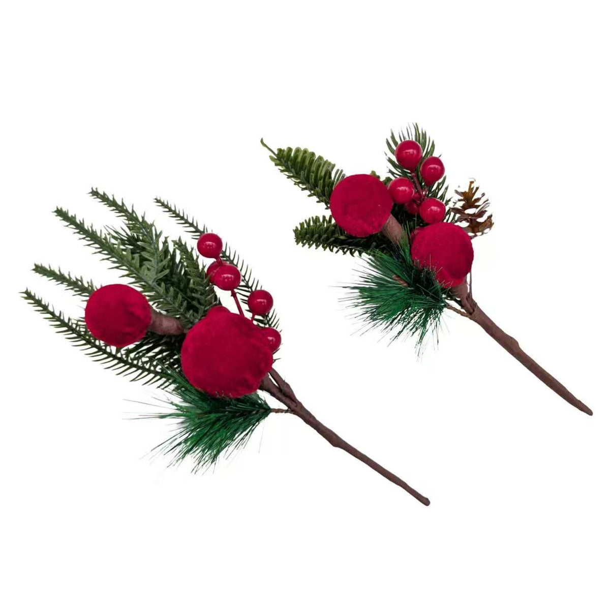 Bulk 24 Xmas Red Velvet Bauble Pick 24cm 2 Asst