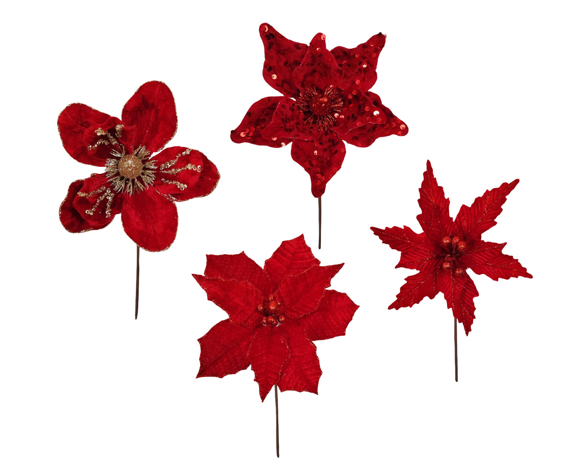 Bulk 36 Xmas Red Poinsettia Pick d14-23x20cm 4 Asst