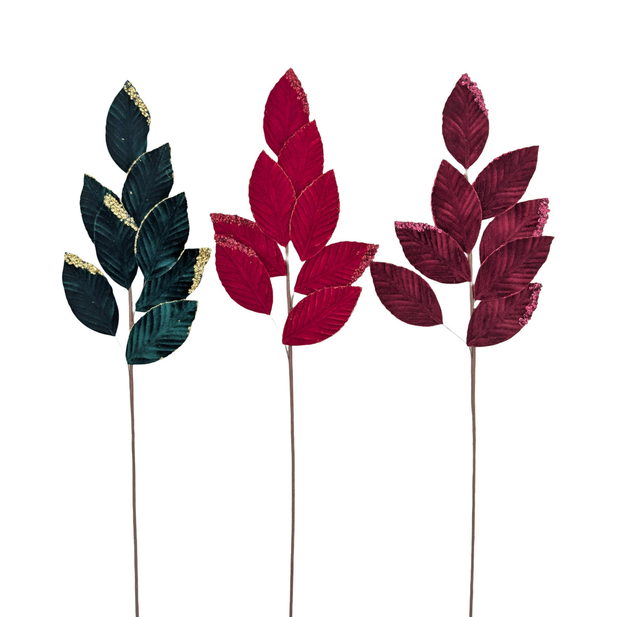 Bulk 24 Xmas Velvet Leave Pick 71cm 3 Asst