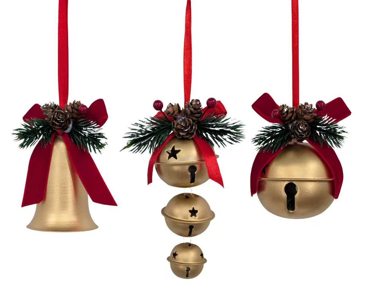 Bulk 24 Xmas Gold Metal Bell Hanger 10-15cm 3 Asst