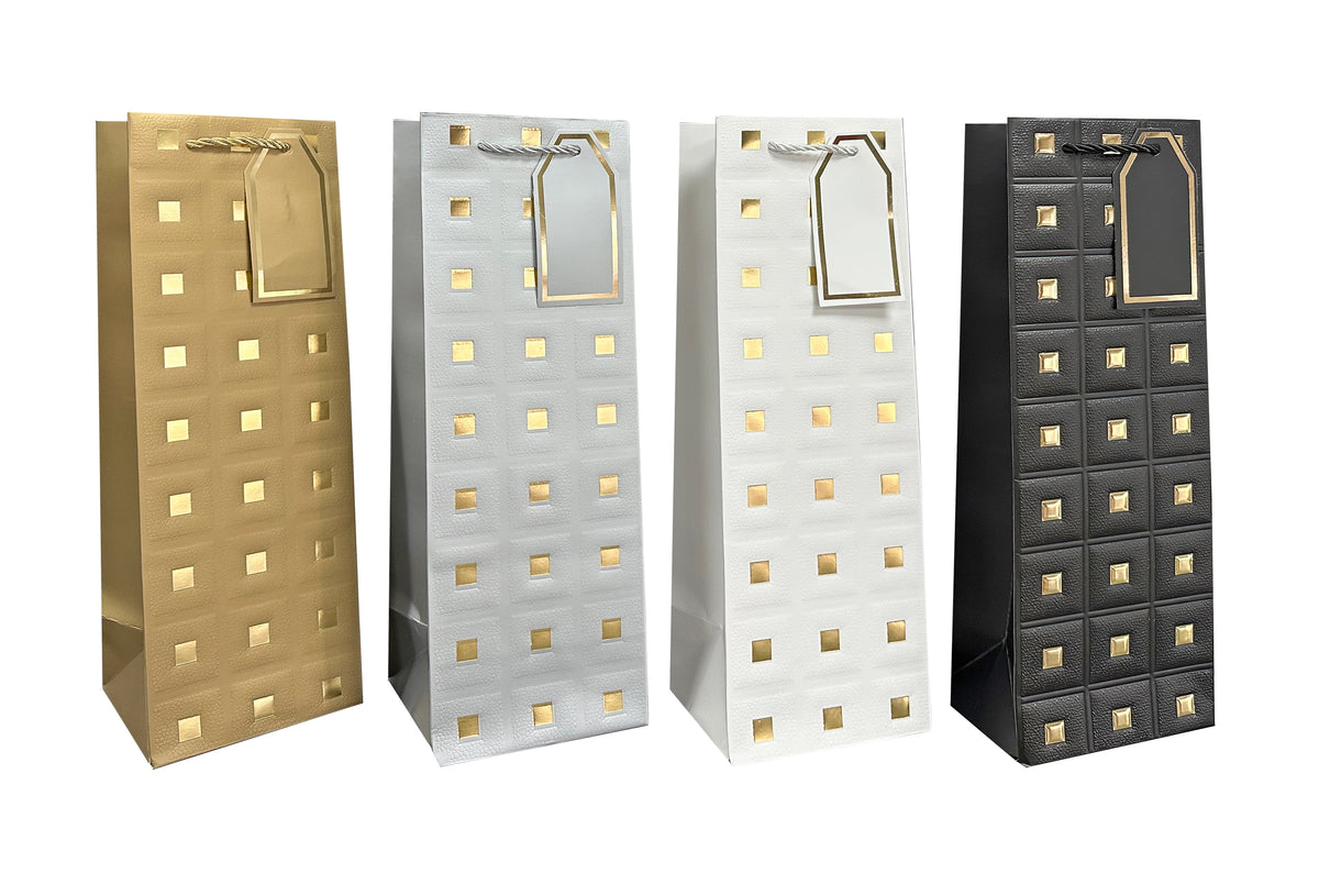 Bulk 24 Embossed & Foiled Squares Gift Bag Btl 12x9x35cm 4 Asst