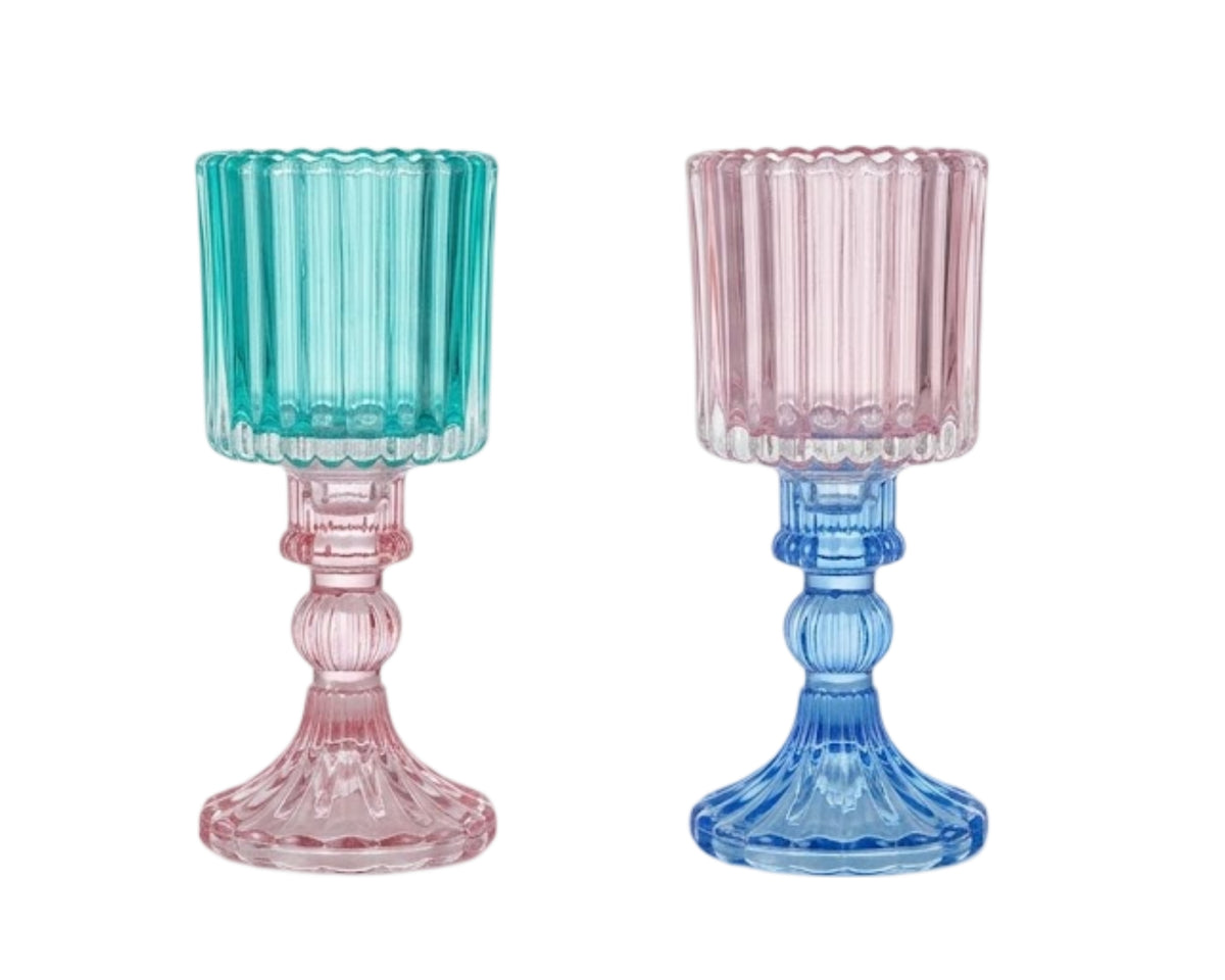 Bulk 12 Multicoloured Glass Candle Holder 7.5x7.5x17.5cm 2 Asst