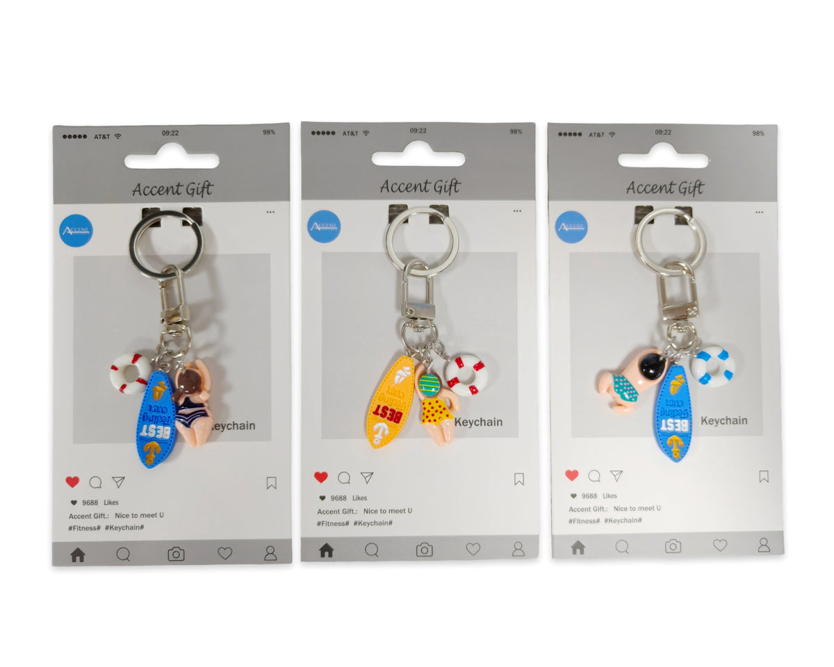 Bulk 24 Set 3 Polyresin Swim & Surf Keychain 3 Asst