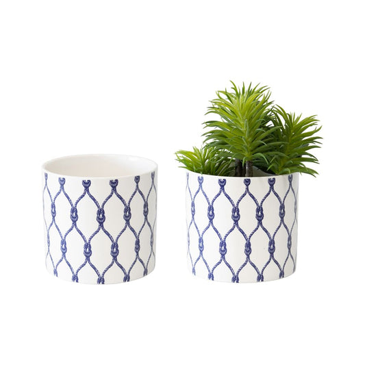 Set 2 Hampton White & Blue Knot Planters w Hole & Plug 13cm - Image 2
