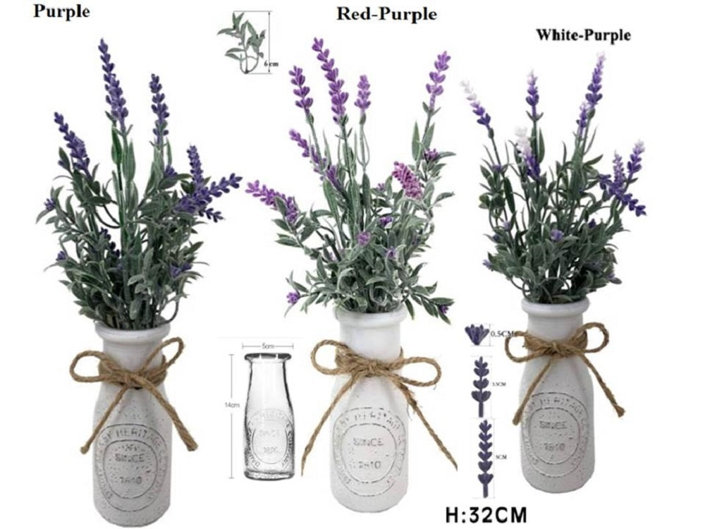 Set 3 Artificial Lavender in Glass Vase 32cm