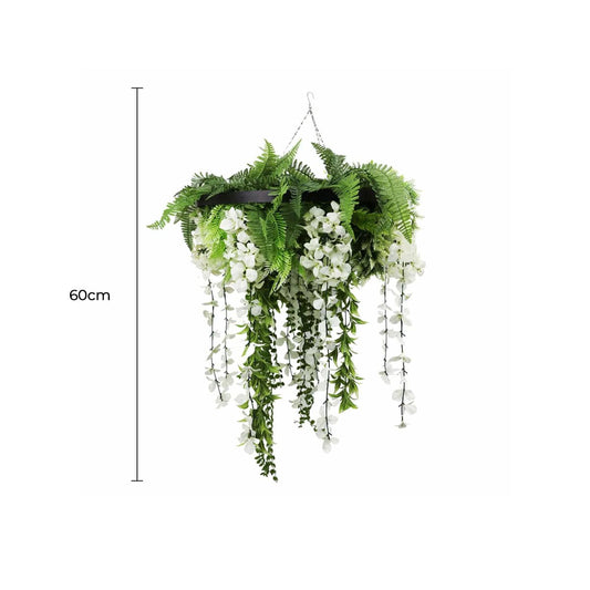 Black Framed Roof Hanging Disc With Draping Life-Like Wisteria Flowers UV Resistant 60cm - Image 2