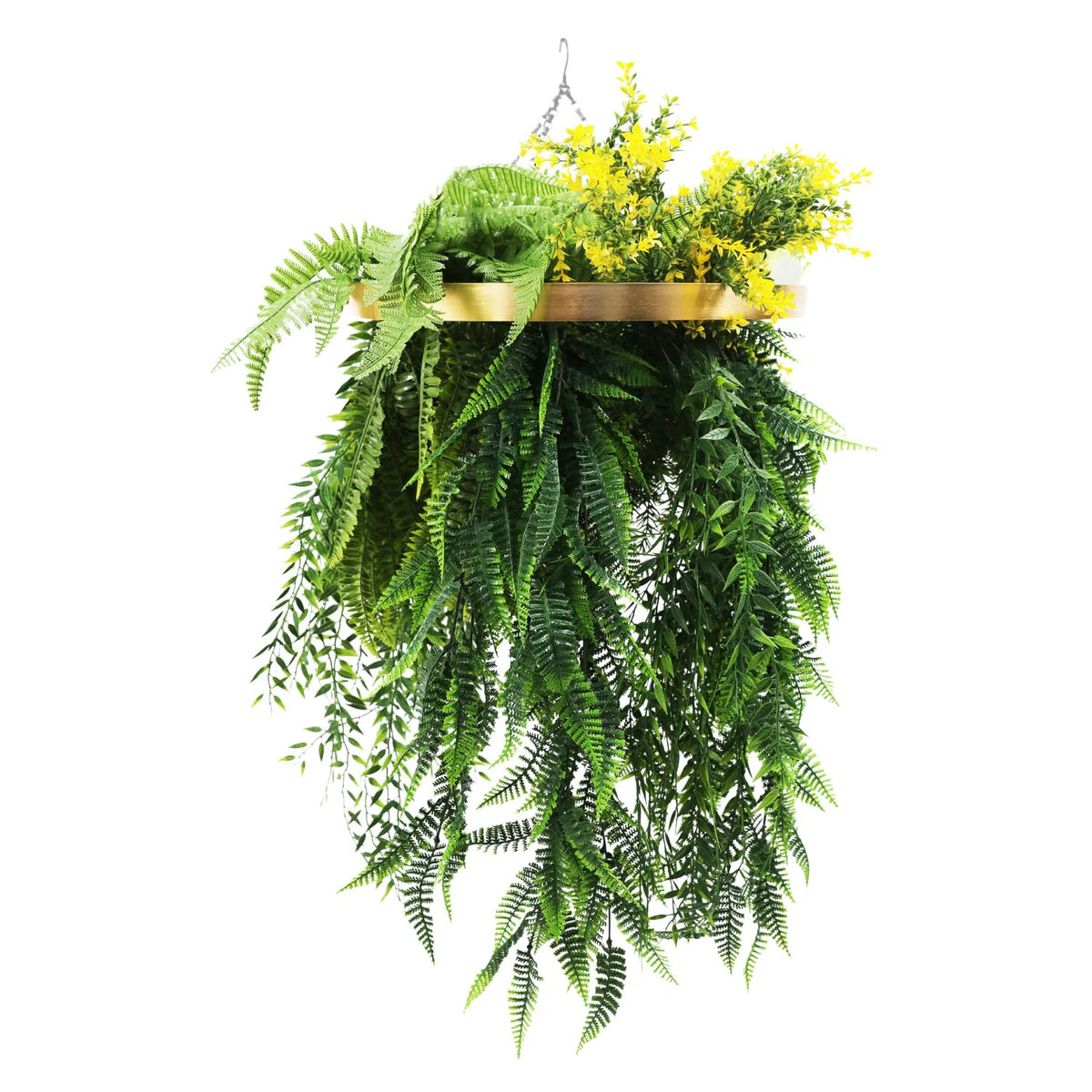 Gold Framed Roof Hanging Disc With Draping Life-Like Ferns and Plants 80cm UV Resistant - Image 4