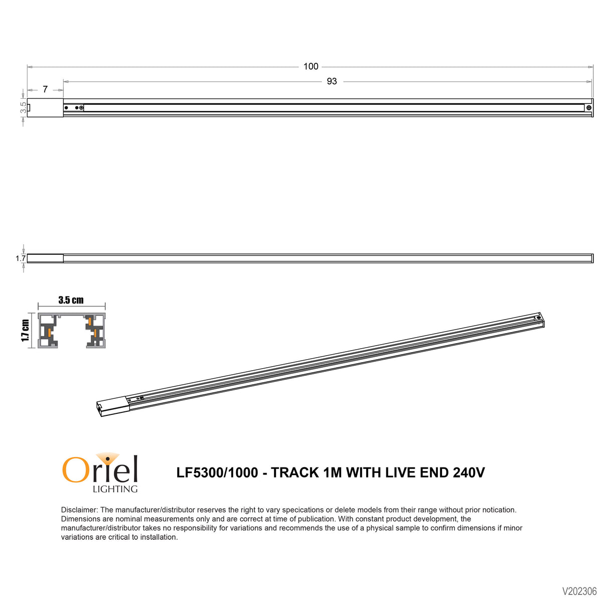 240V Single Circuit Track with Live End - 1m White
