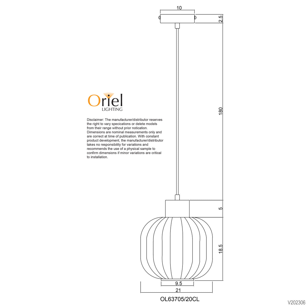 Ribbed Clear Glass Pendant - Miller 200