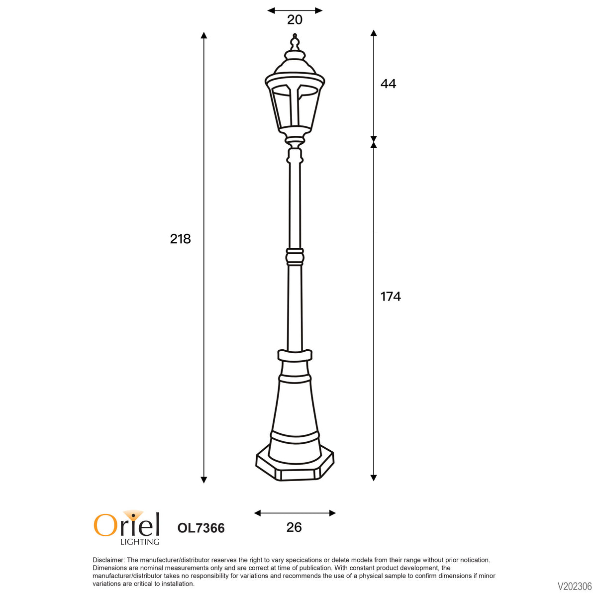 Traditional Outdoor 218cm Post Light - Bristol Top and Post