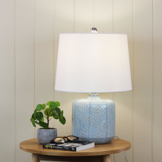 Embossed Ceramic Lamp with Harp Shade - Bikki Blue