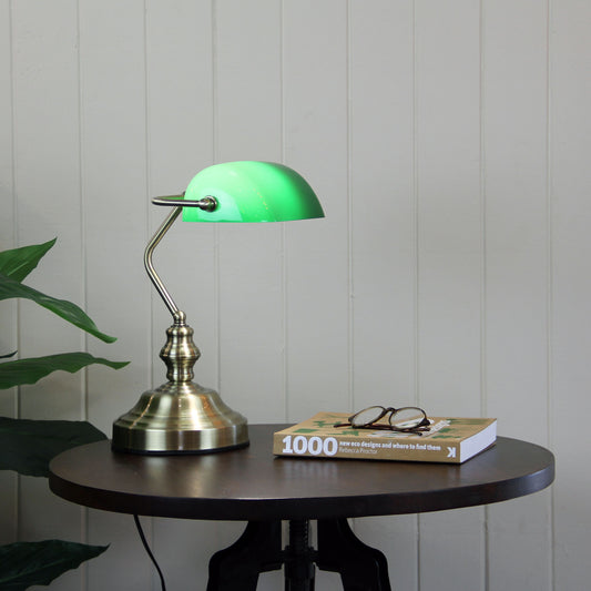 Bankers Touch Lamp with Green Glass Shade - Antique Brass
