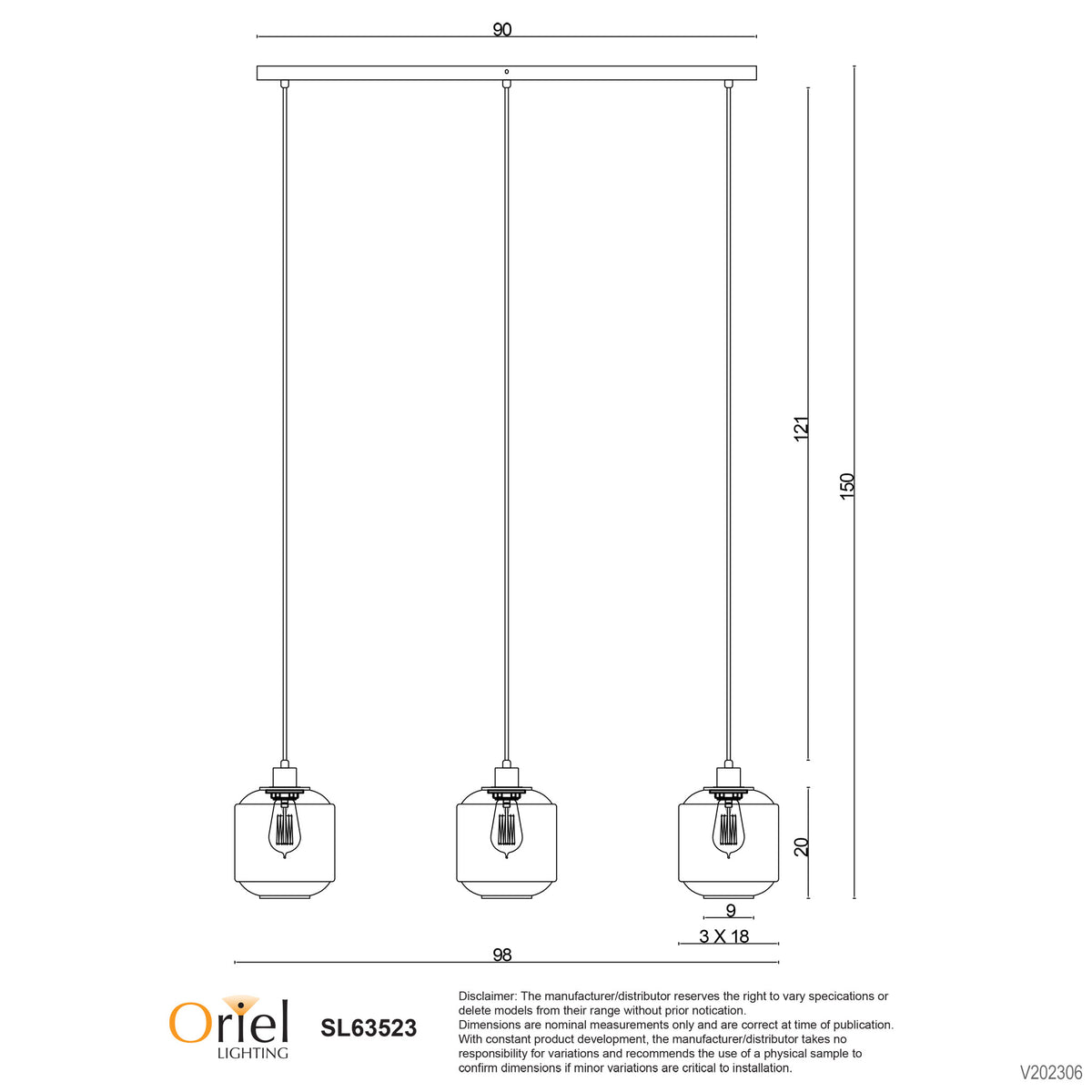 3 Light Clear Glass Pendant - Marconi Trilight