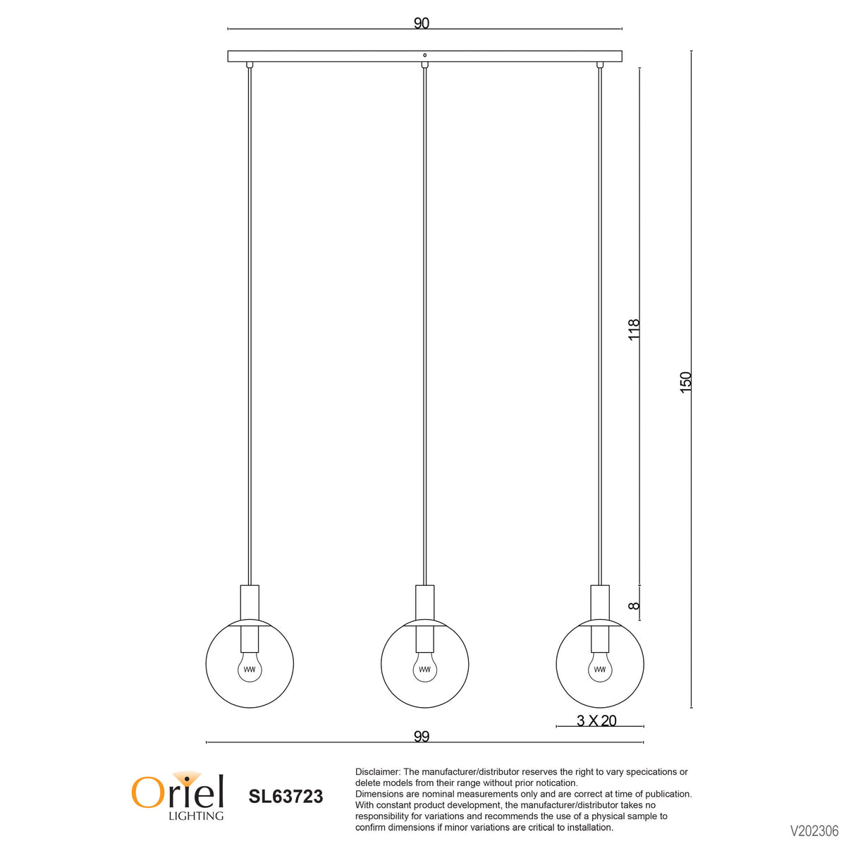 3 Light Clear Glass Pendant - Legarno Trilight