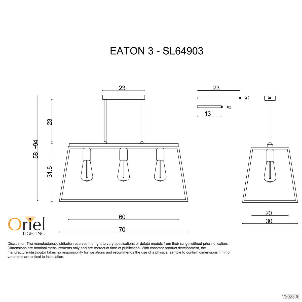 3-light 70cm Urban Retro Pendant - Eaton 70
