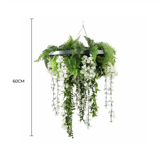 Silver Framed Roof Hanging Disc With Draping Life-Like Wisteria Flowers UV Resistant 60cm - Image 2