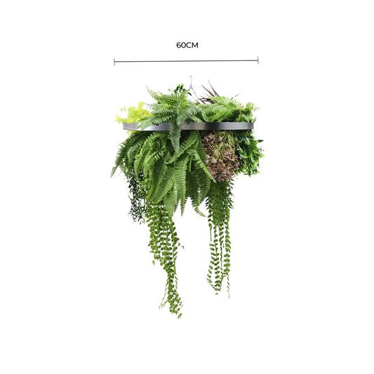 Silver Framed Roof Hanging Disc With Tropical Foliage Mix and Draping Stems 60cm UV Resistant - Image 2