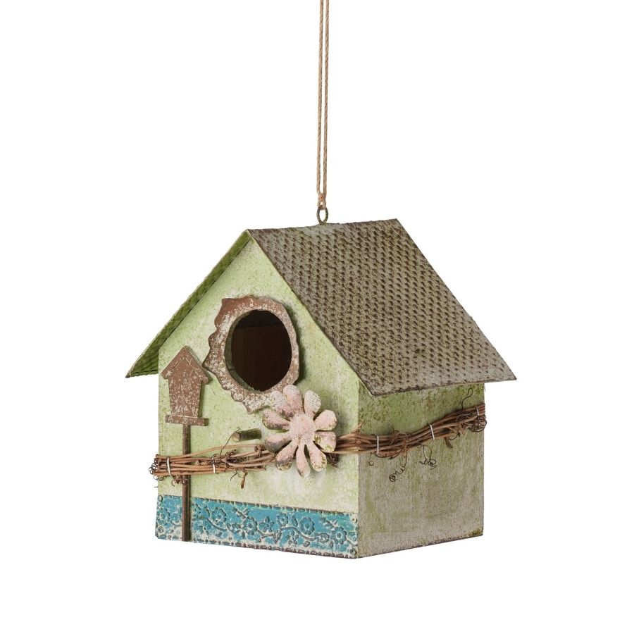 Hanging Birdhouse W Pink Flower 21cm