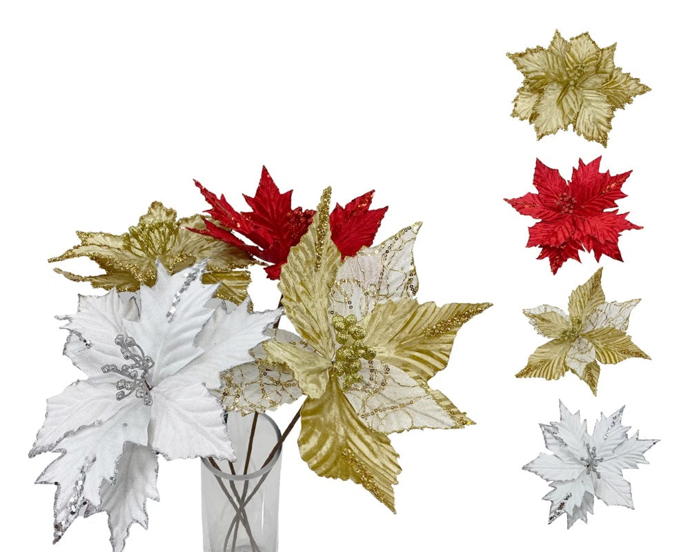 bulk 24 Christmas Poinsettia Stem Flower Glitter 60cm