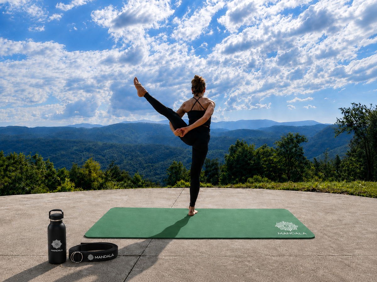 Mandala Yoga Mat Premium Bundle, Includes Yoga Mat 188cm H x 61cm W, Yoga Strap & Steel Hydration Bottle - Jade Green