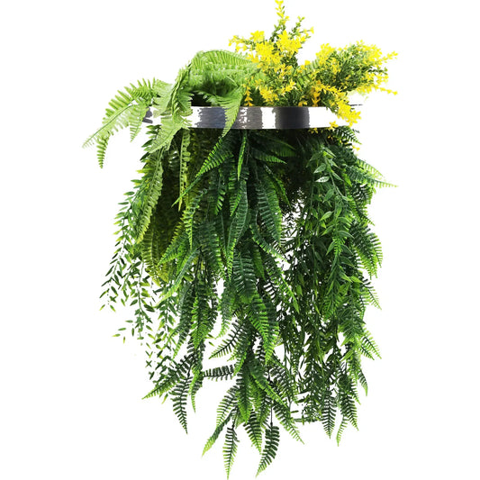 Silver Framed Roof Hanging Disc With Bright Tropical Foliage Mix and Draping Ferns 40cm UV Resistant - Image 2