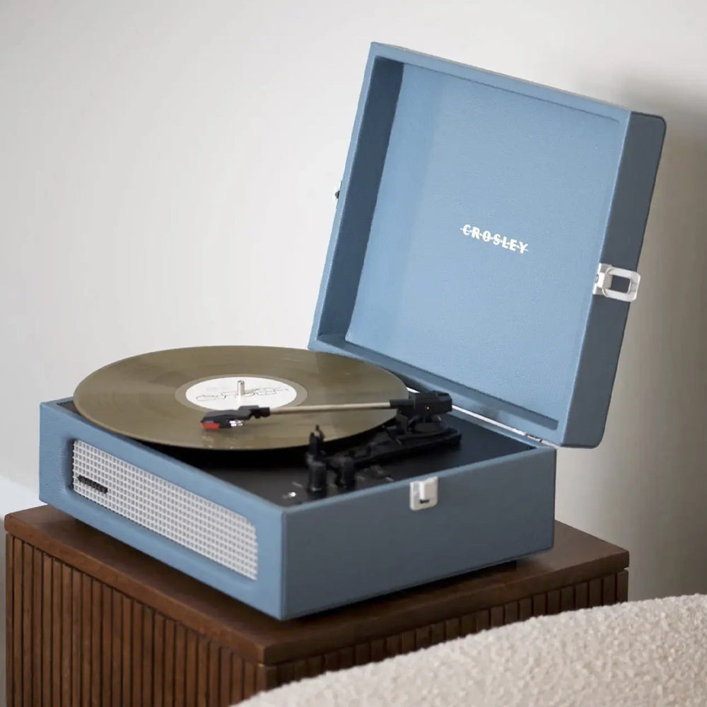 Crosley Voyager Bluetooth Portable Turntable + Entertainment Stand Bundle - Washed Blue