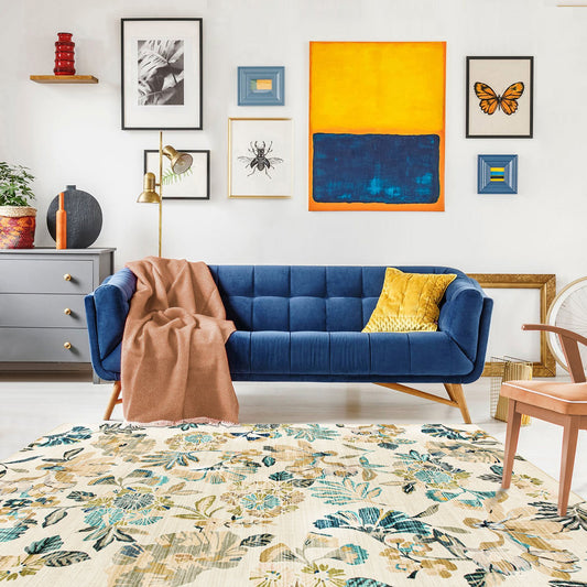Lizzie Leaf Washable Rug - Teal & Beige