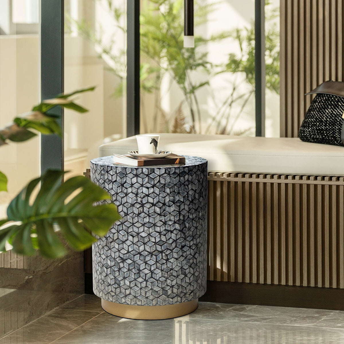 Neve Round Silver Shell Side Table Stool 45cm