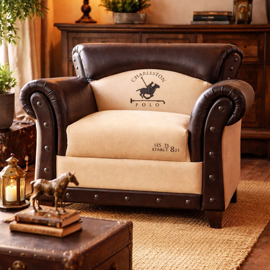 Quentin Distressed Leather Canvas Vintage Armchair 88cm