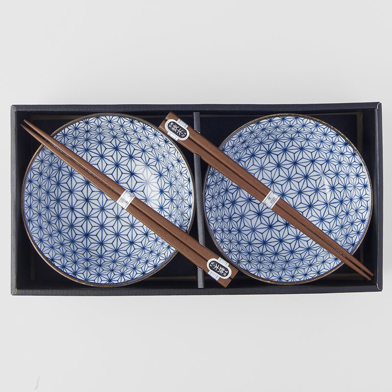 Bowl Set 2pcs with Chopsticks Starburst Blue Design - Image 5