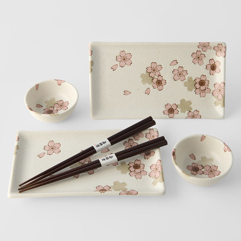 Sushi Set for Two with Chopsticks White With Pink Sakura Design - Image 3