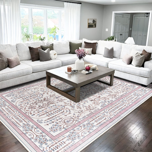 Sherry Vine Washable Rug - Dusty Rose & Ivory