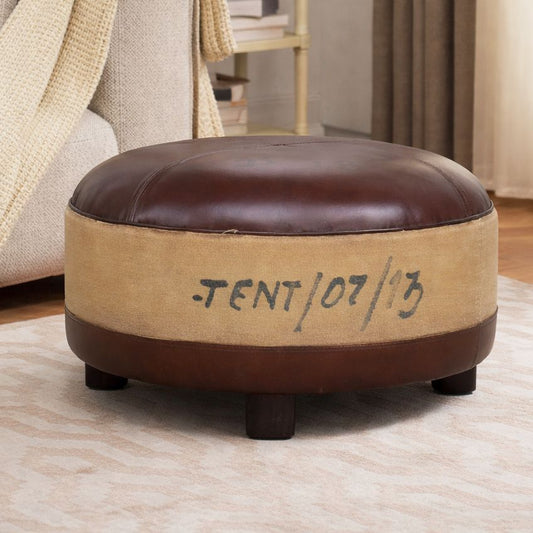 Whitby Vintage Canvas Leather Round Ottoman 60cm
