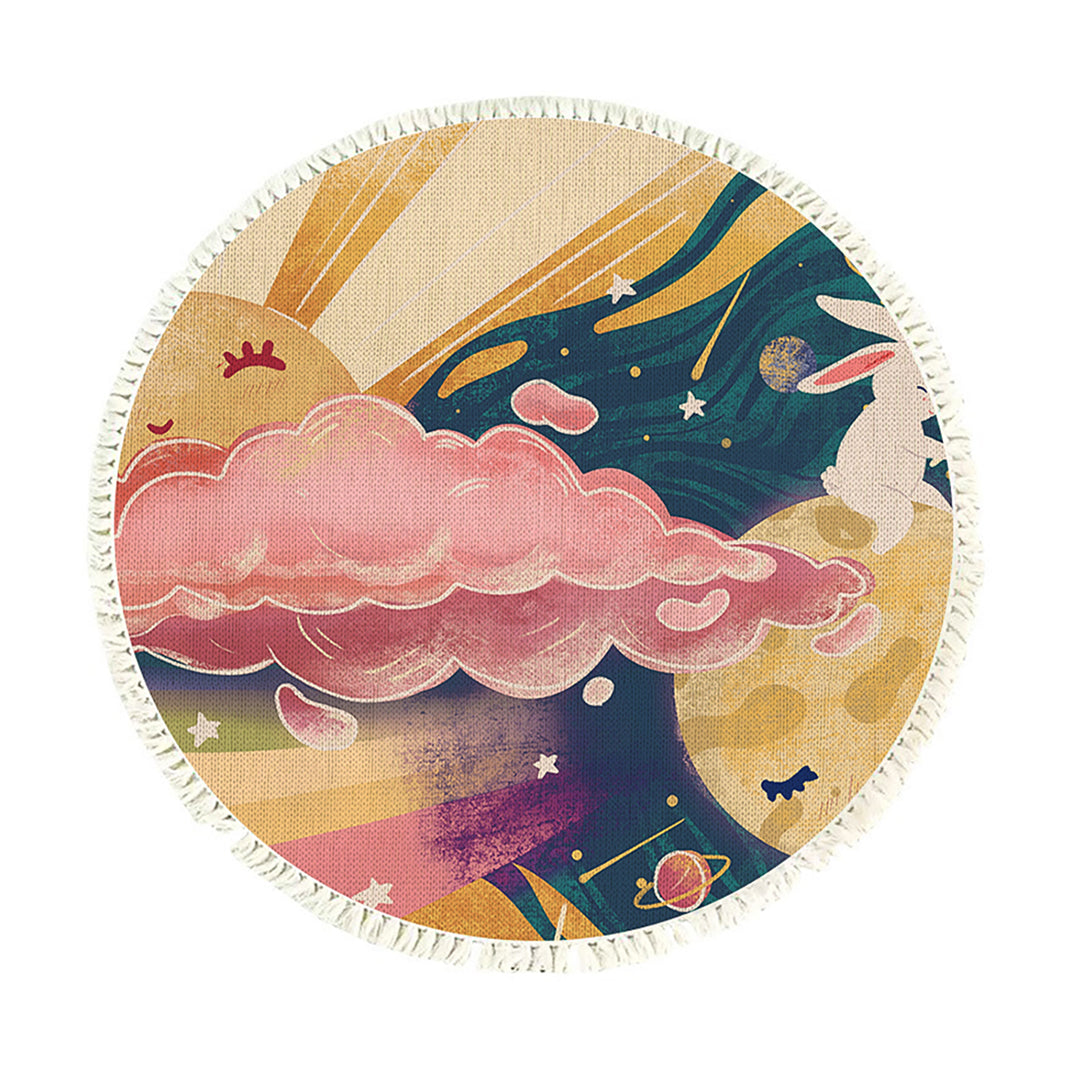 Round Boho Sky and Clouds Tassel Rug 120cm