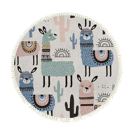 Round Alpaca and Cactus Print Rug 120cm