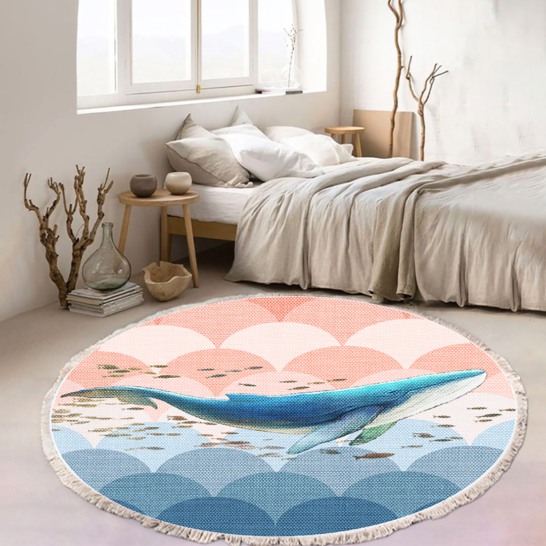 Round Shark Print Tassel Rug 120cm