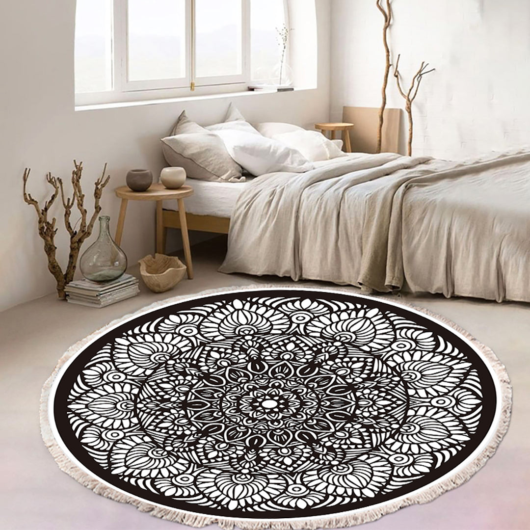 Modern Ethnic Mandala Round Rug with Tassel Print 120cm - Design 2